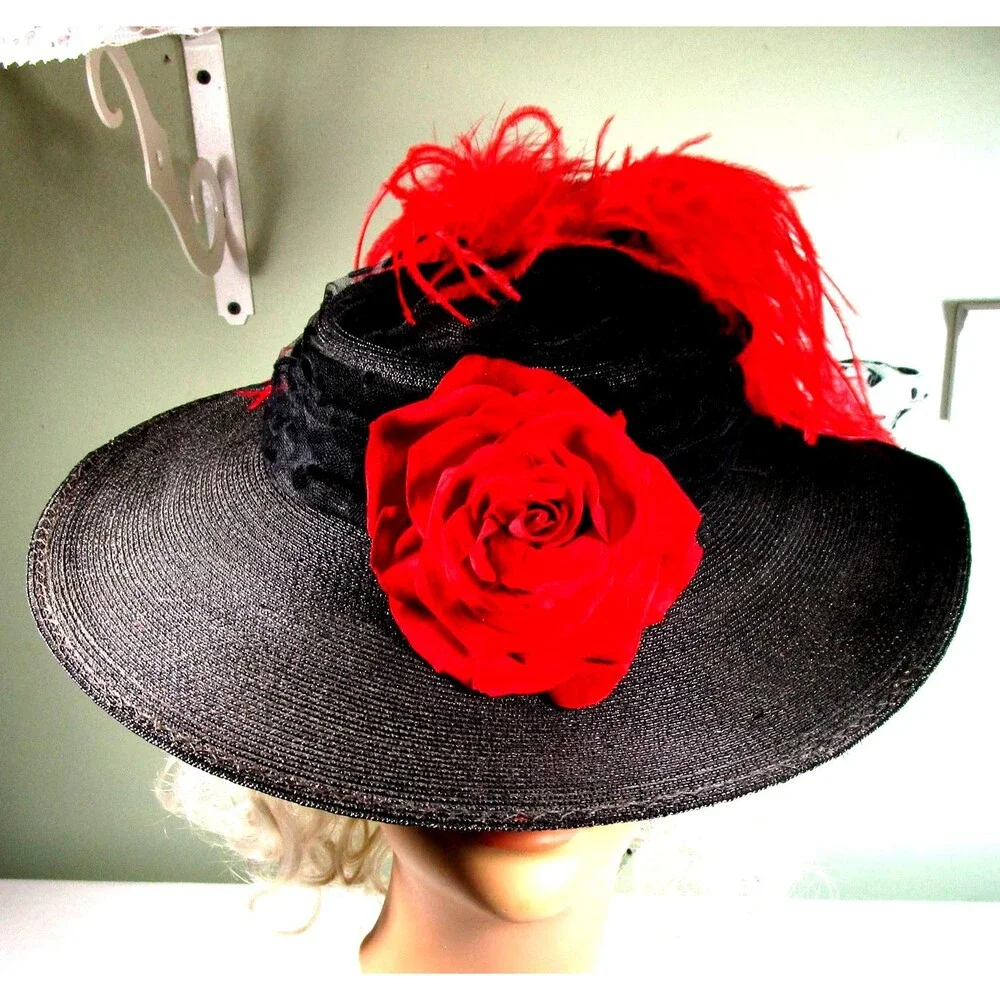Vintage Wide Brim Hat Black Lace Ostrich Feathers Red Rose Embellishment